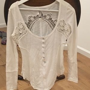 Free People White Cotton Lacey Long Sleeve Tshirt